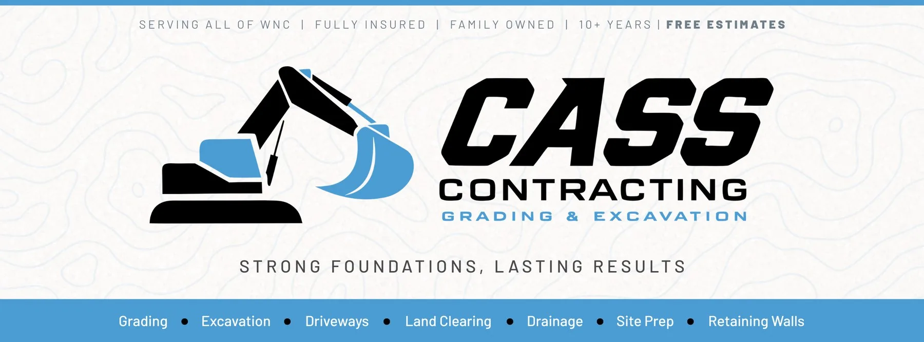The Cass Facebook banner: the excavator and the name on cream contour paper, the services in a blue band under them.