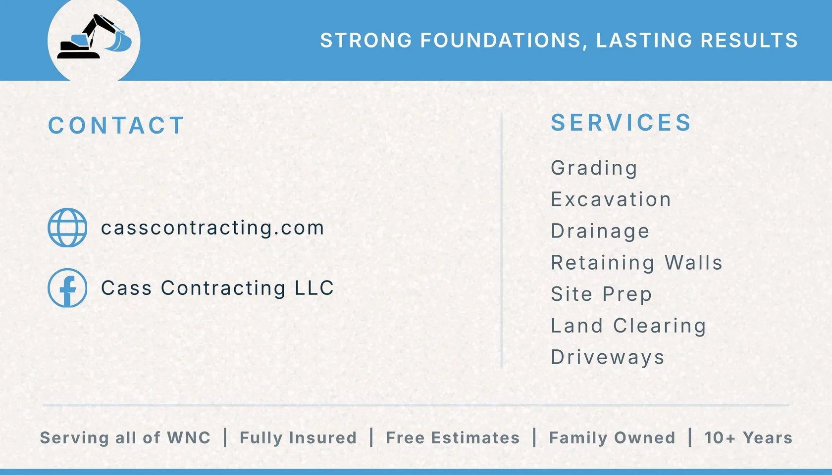 The back of the card: the excavator badge on a blue band over “Strong foundations, lasting results”, the web address and the list of services.