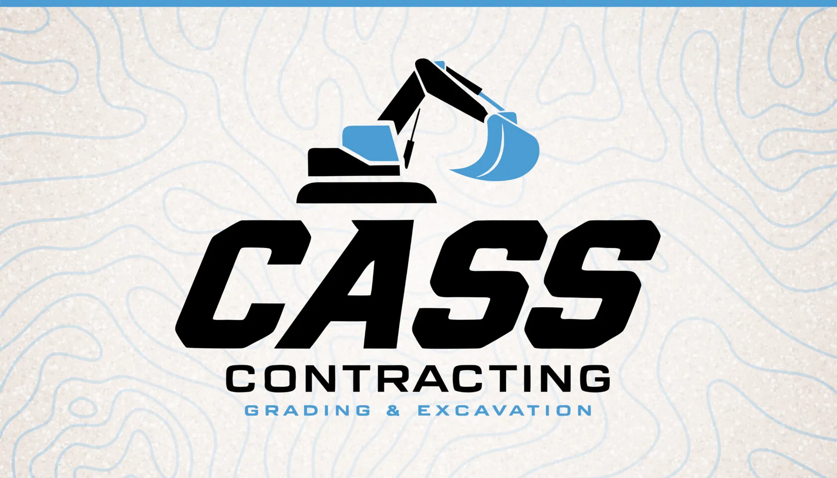 The front of the Cass Contracting business card: the stacked logo, an excavator in Carolina blue, on cream with blue contour lines.