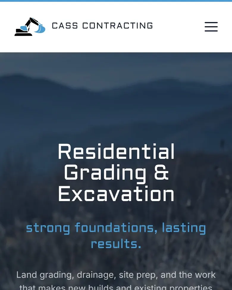 The Cass Contracting home page: a still from its hero video, boot prints in graded soil below the mountains, under “Residential Grading & Excavation”.