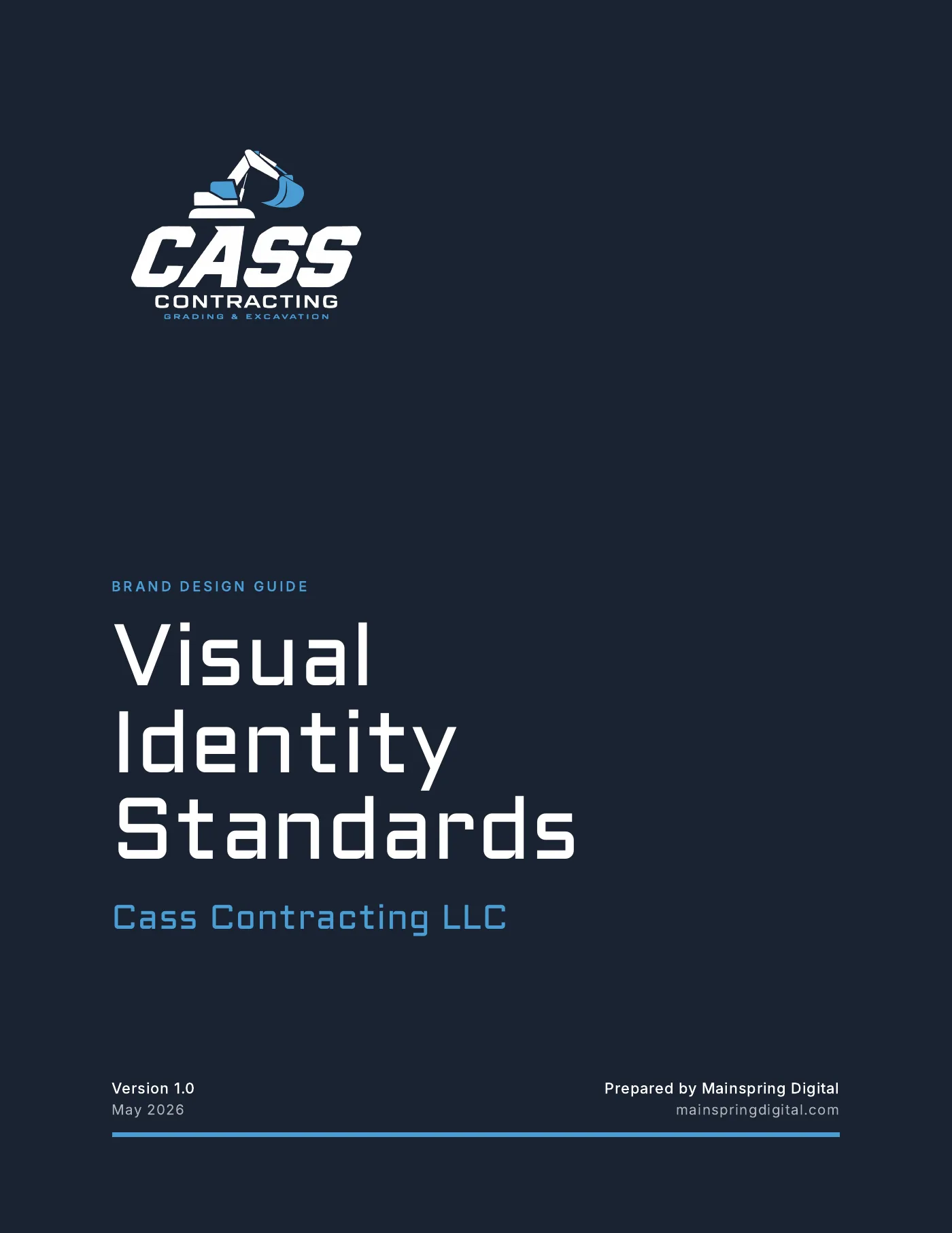 The cover of the Cass Contracting brand guide, “Visual Identity Standards”, with the logo on navy.