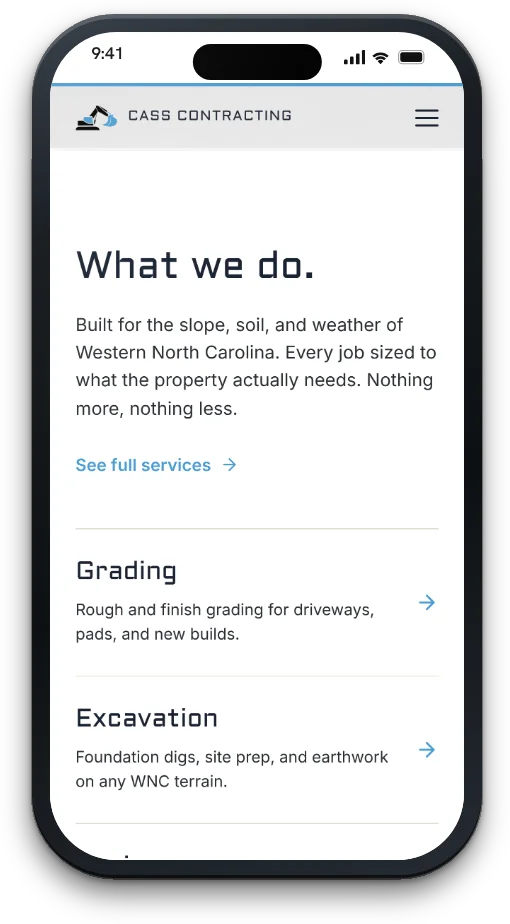 The Cass Contracting site on a phone.