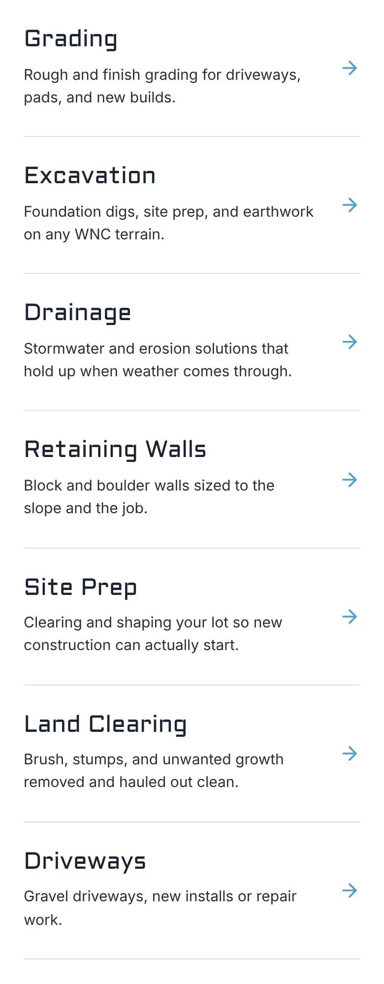 The seven services as a phone shows them, grading to driveways, each with a line on what it covers.