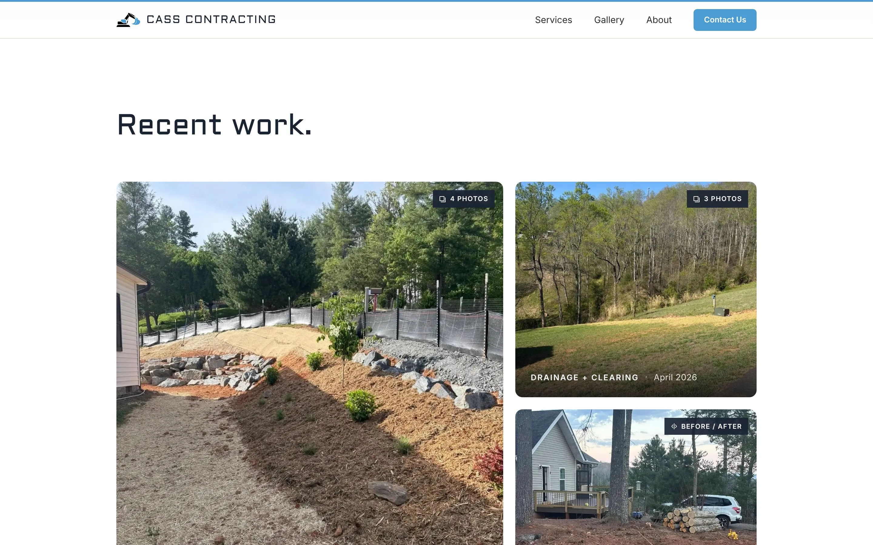 The Recent work section: a boulder wall, a drainage and clearing job and a stump removal, each in the company's own photos.