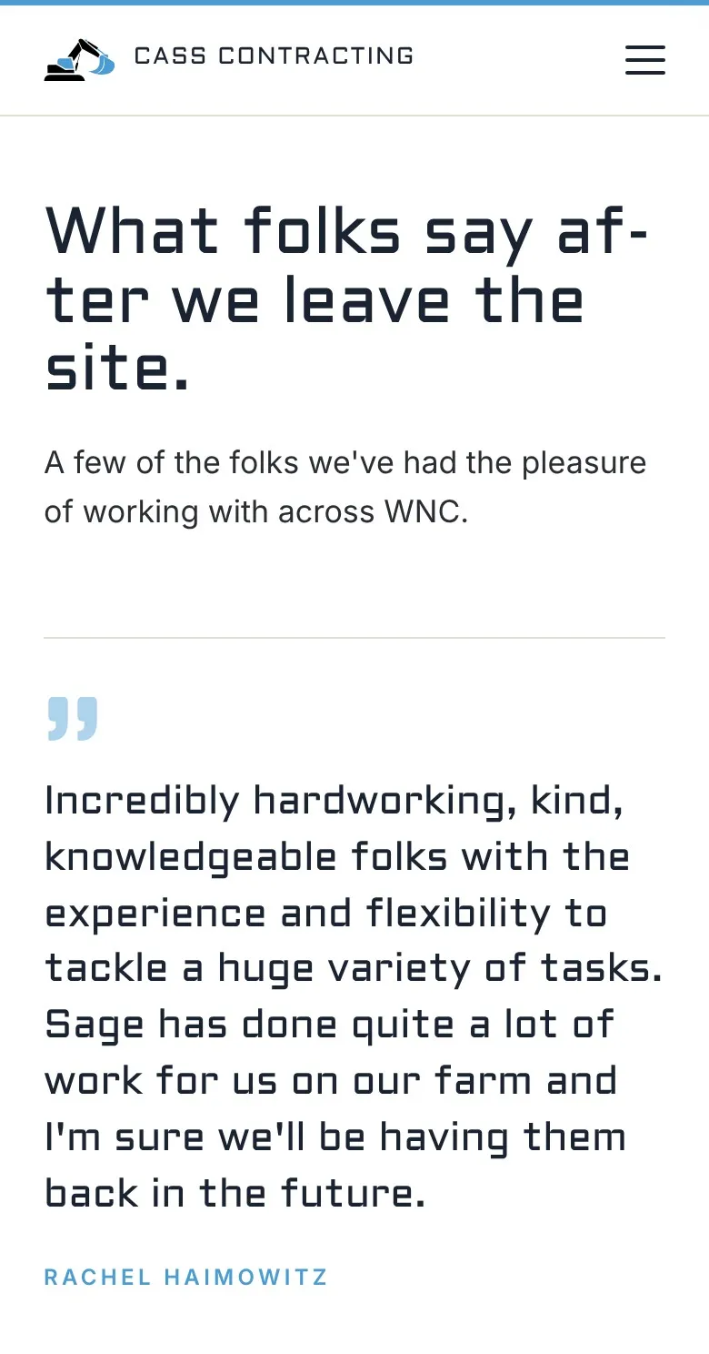 The About page on a phone: “What folks say after we leave the site.” over a customer's review of the owners' work on her farm.