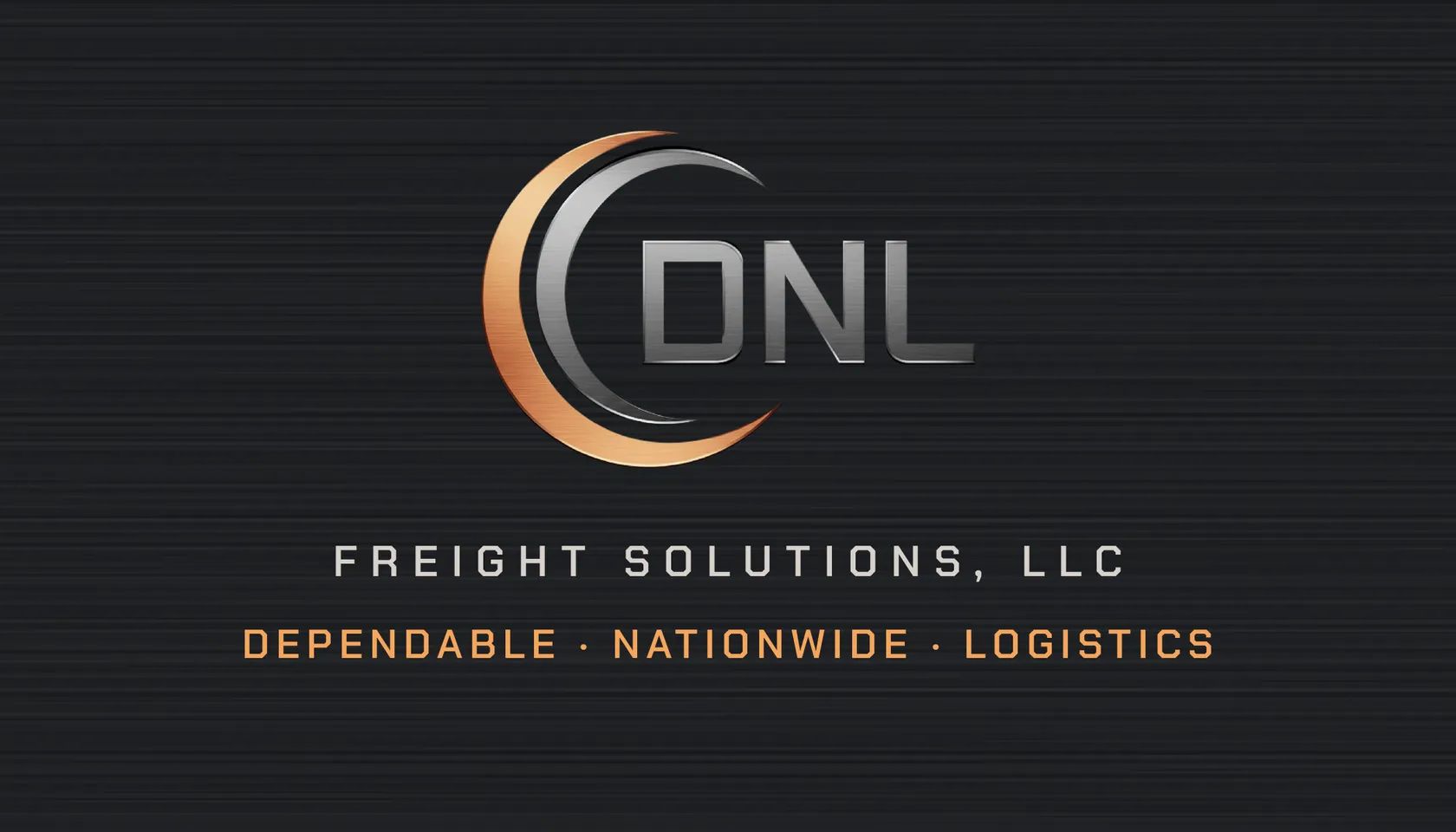 The front of DNL’s business card: the copper and steel mark over “Freight Solutions, LLC” on brushed black.