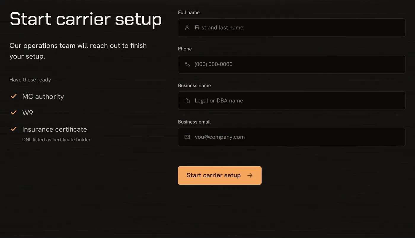 DNL’s carrier setup form: “Start carrier setup”, the papers to have ready, and the fields for name, phone, business and email.