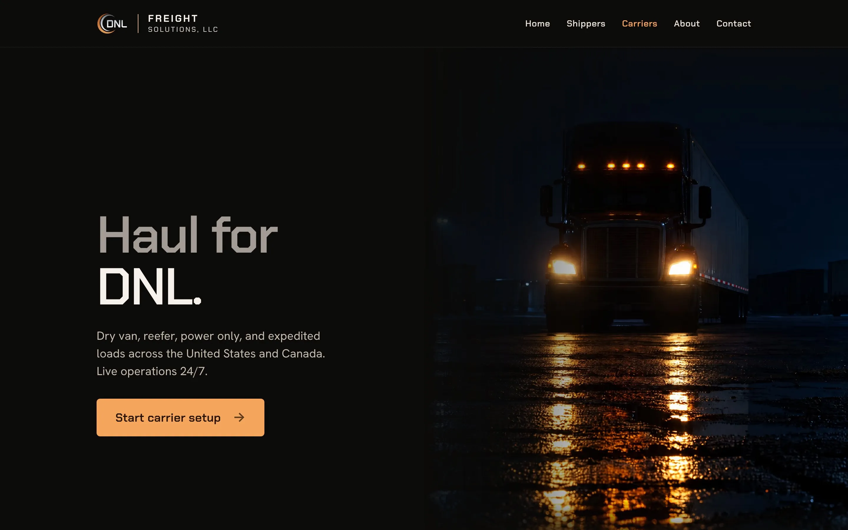 DNL's Carriers page: “Haul for DNL.” beside a truck's headlights on a wet road at night, and a Start carrier setup button.