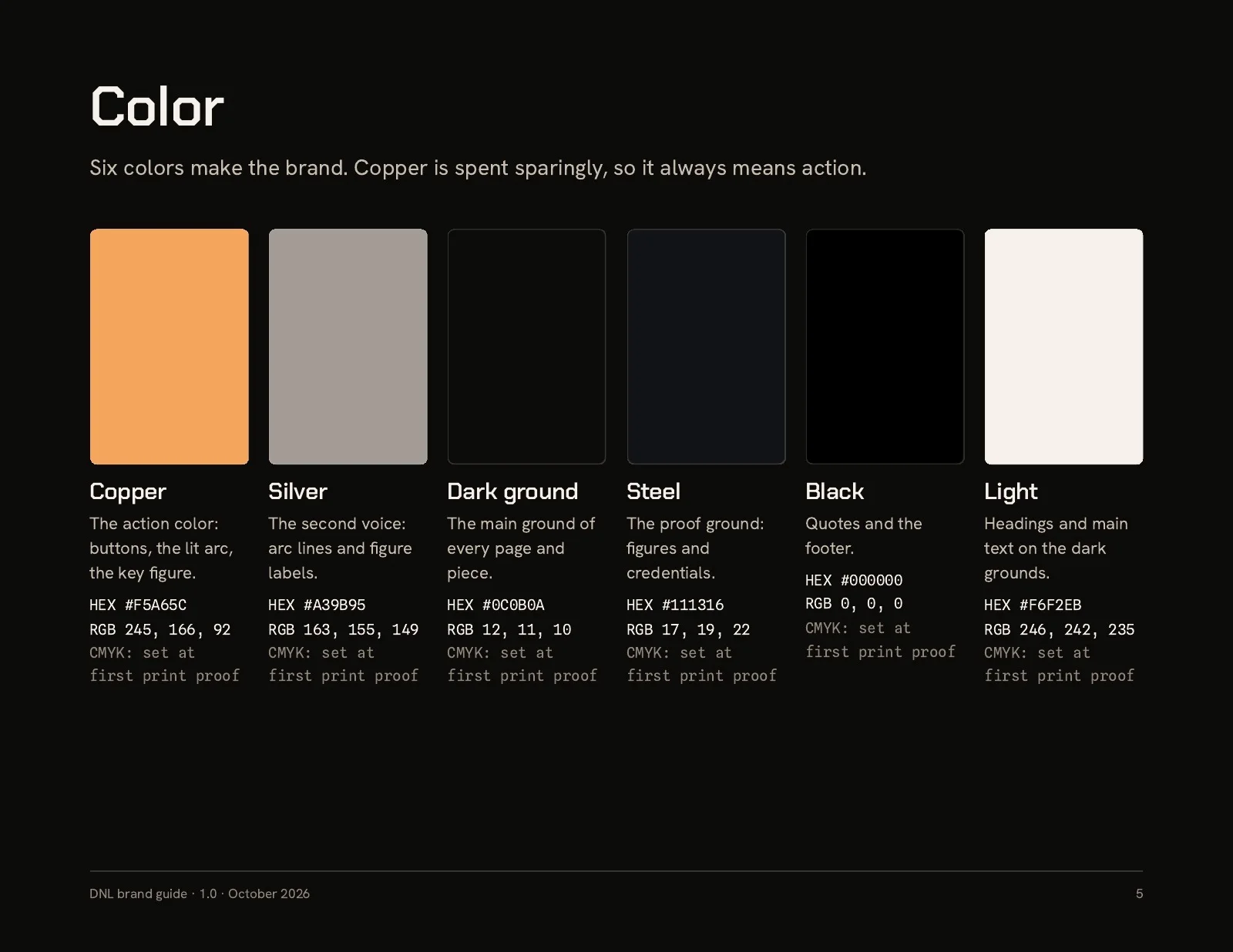 The guide's Color page: six swatches, copper, silver, dark ground, steel, black and light, each with what it is for and its hex and RGB values.
