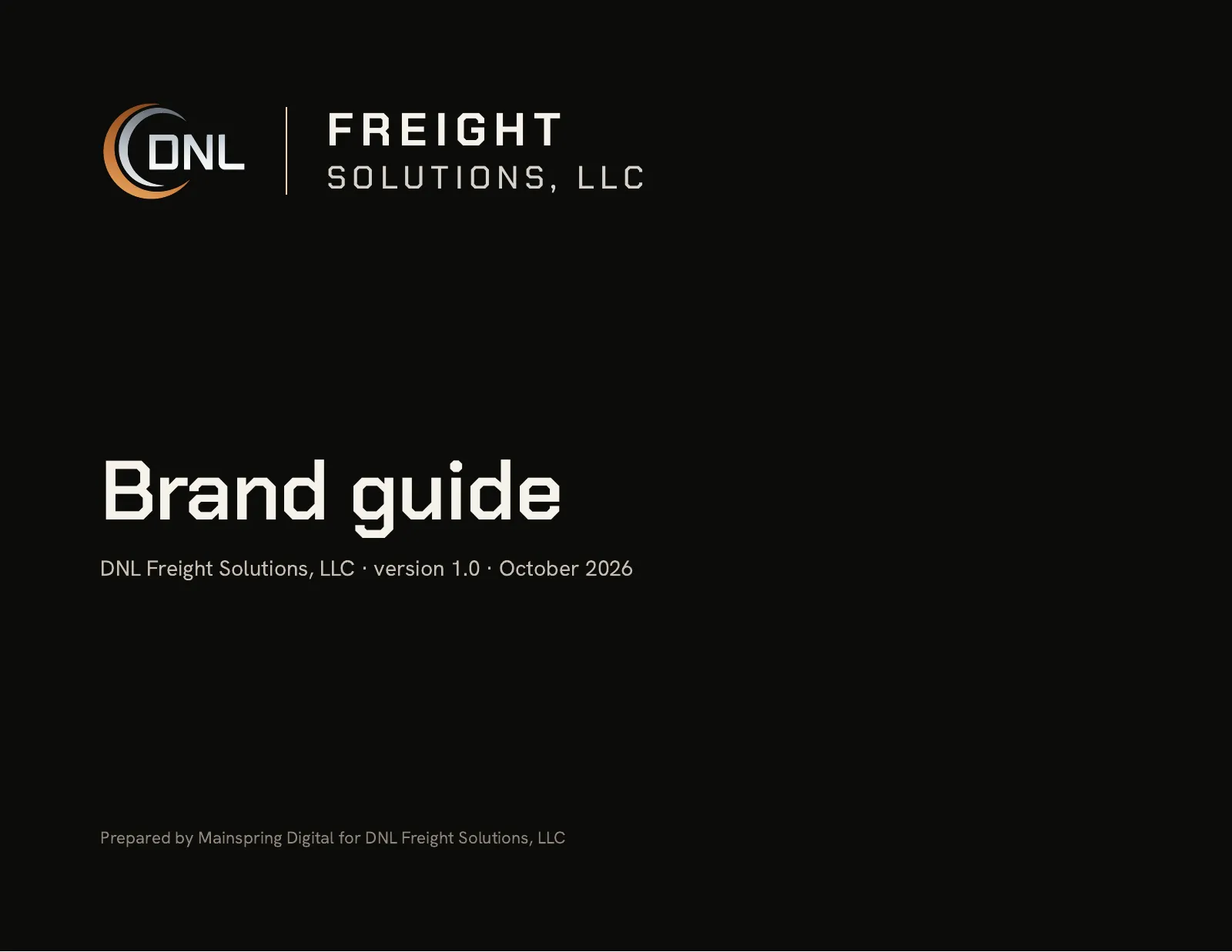 The cover of DNL’s brand guide, the logo over the words “Brand guide” on black.