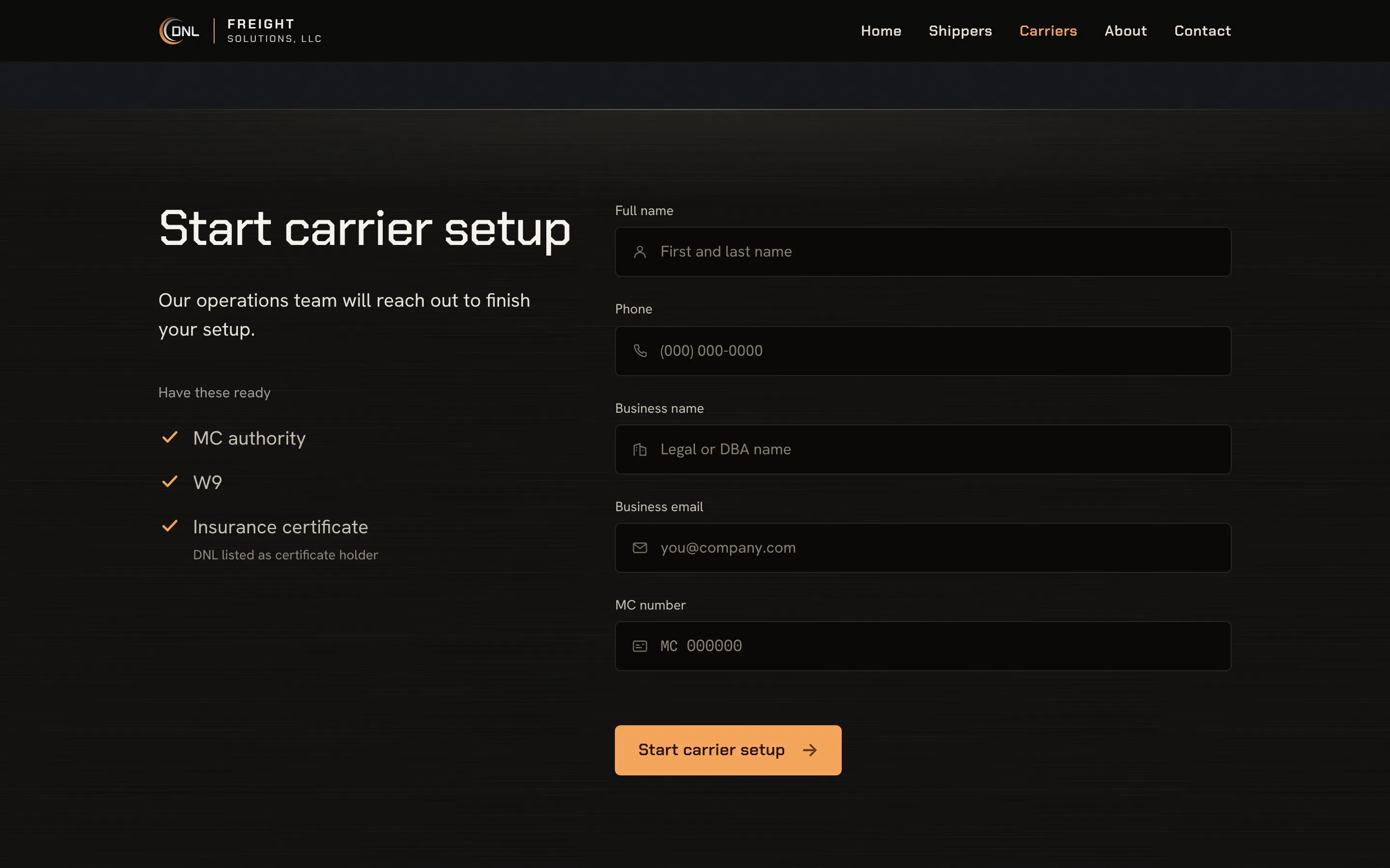 DNL's carrier setup: “Start carrier setup”, the papers to have ready (MC authority, W9, insurance certificate) and the fields for name, phone, business, email and MC number.