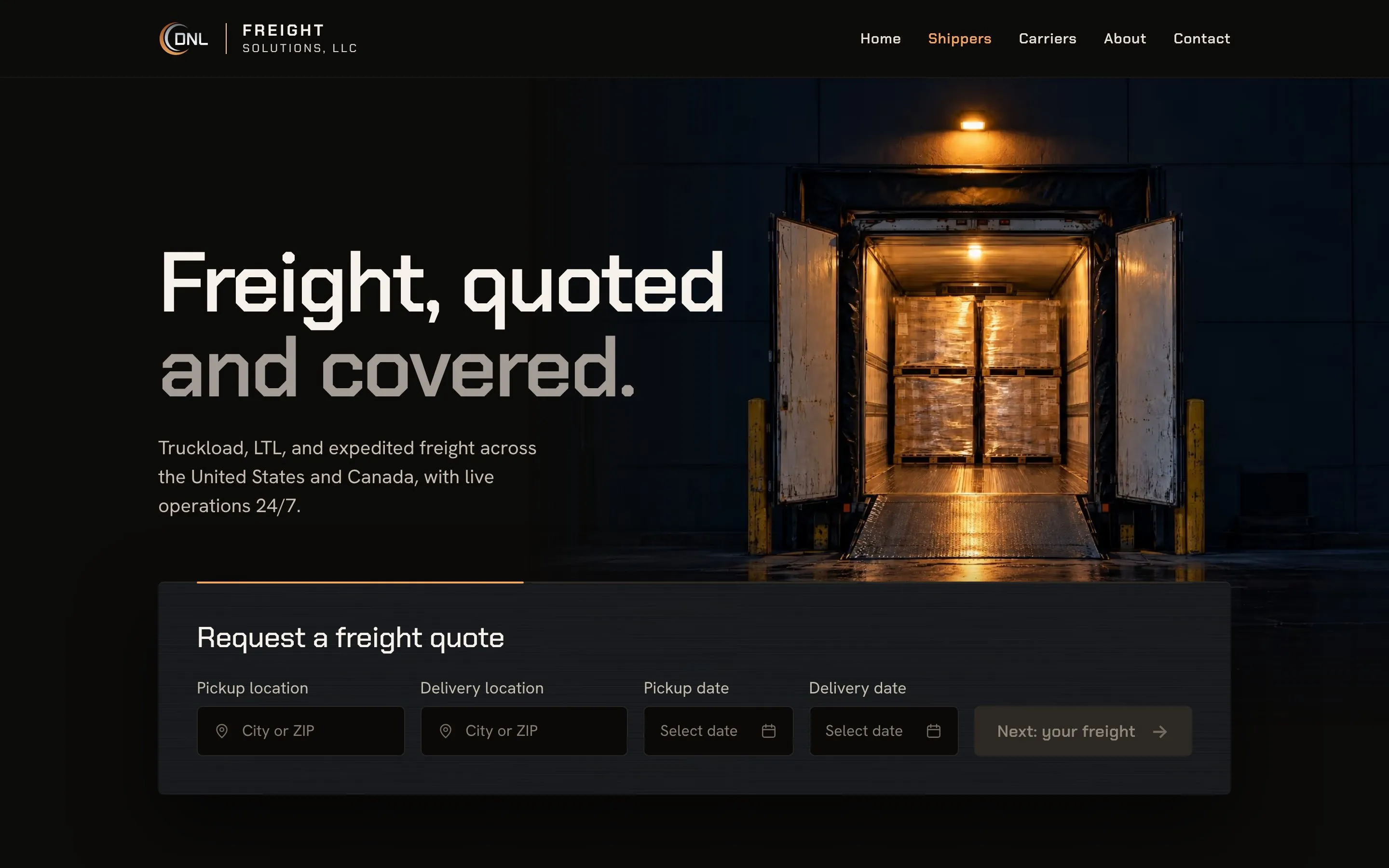 DNL's Shippers page: “Freight, quoted and covered.” over an open trailer, with the freight quote form under it.