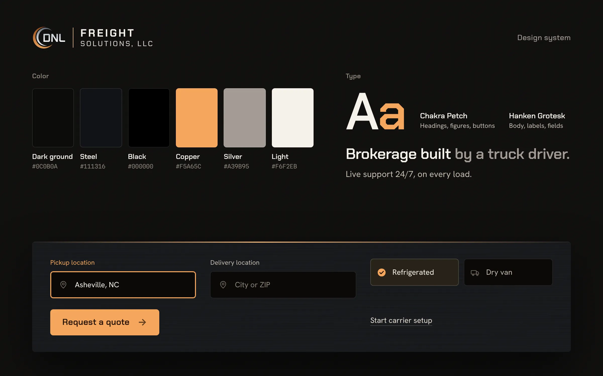 A sheet from DNL’s design system: its copper and steel colors, type and buttons.