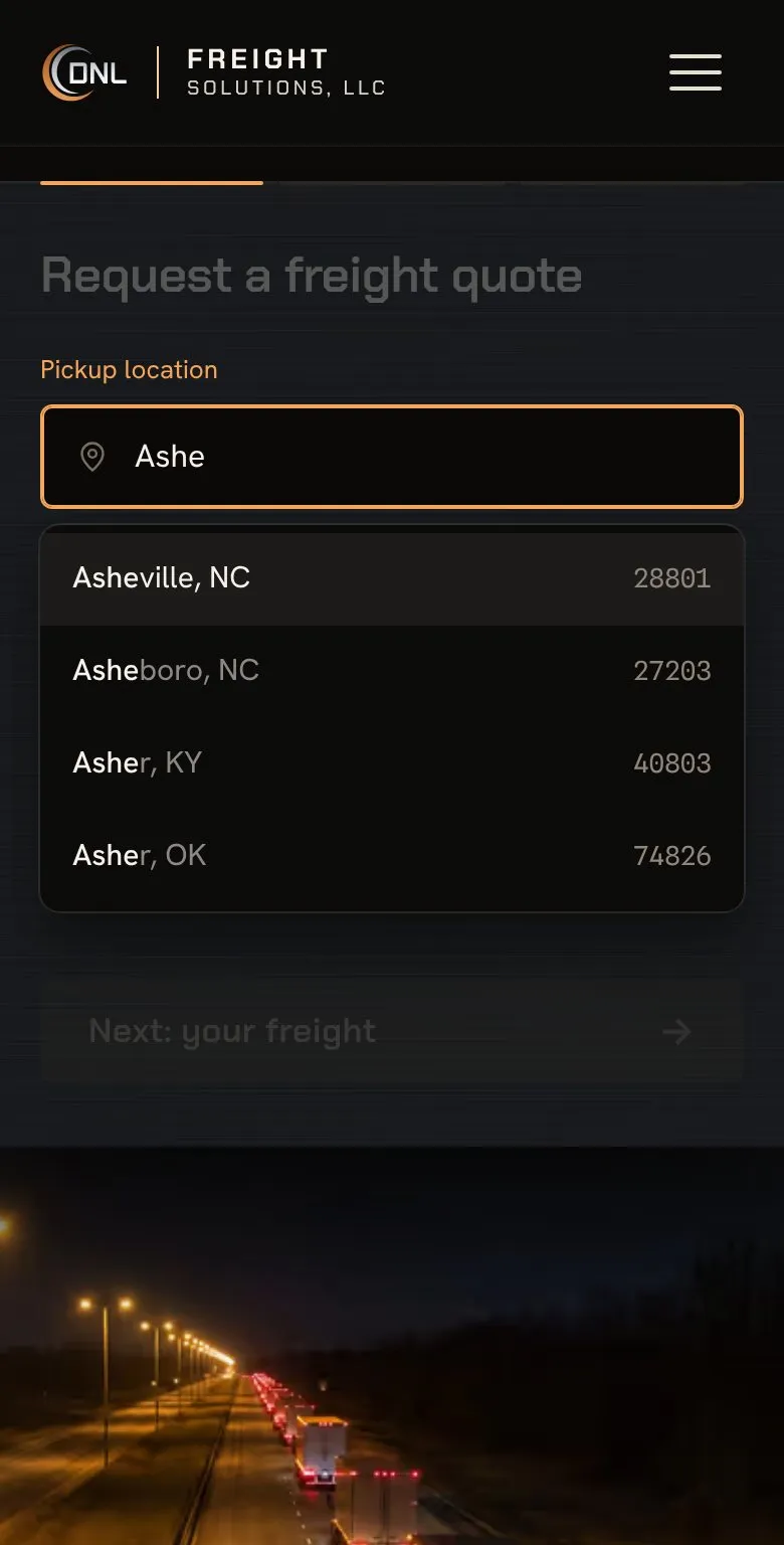 DNL's quote form on a phone: “Ashe” typed as the pickup location, and Asheville, NC listed first of the cities under it.