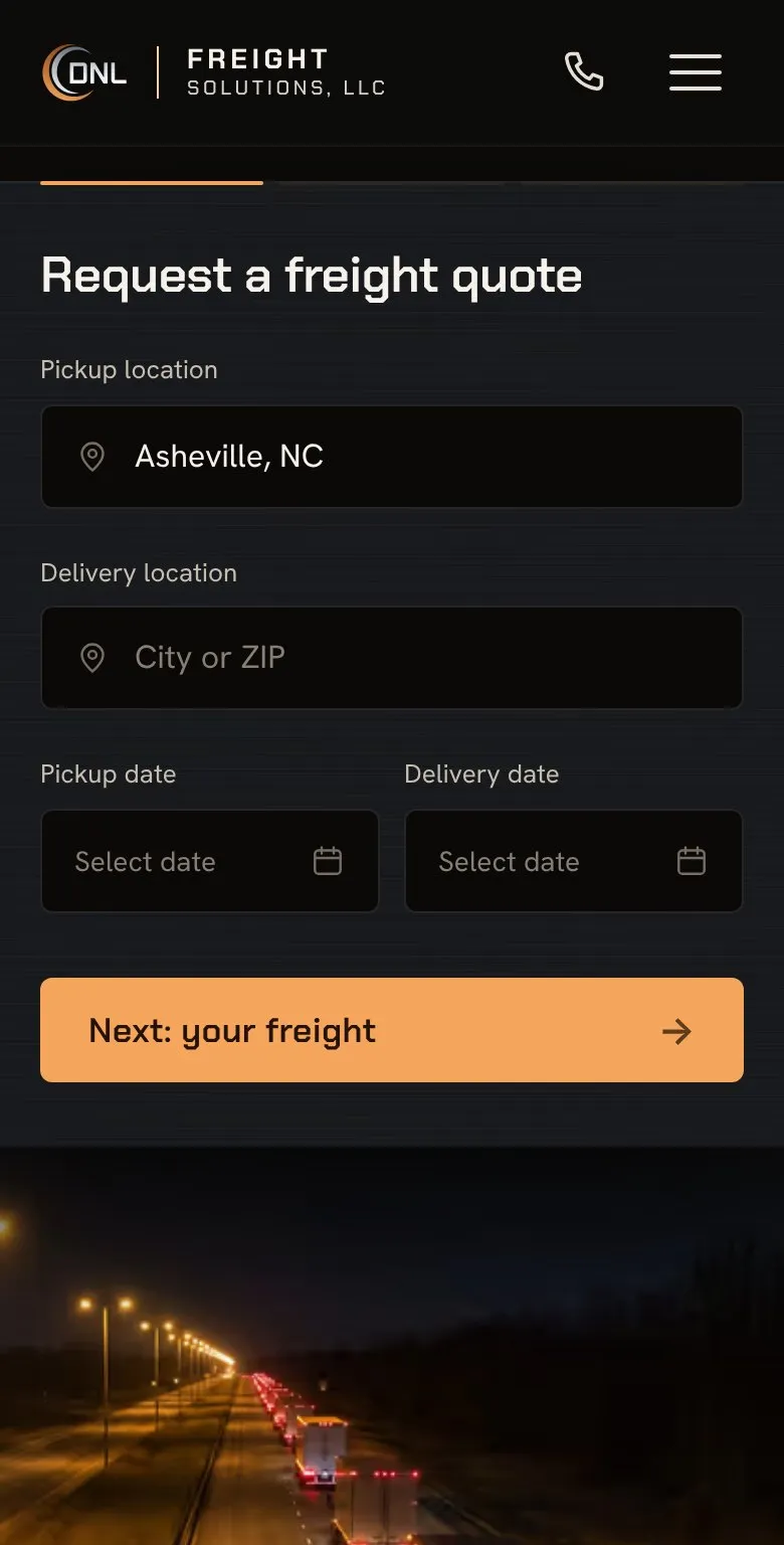 The same form with Asheville, NC picked as the pickup location and its Next button ready.