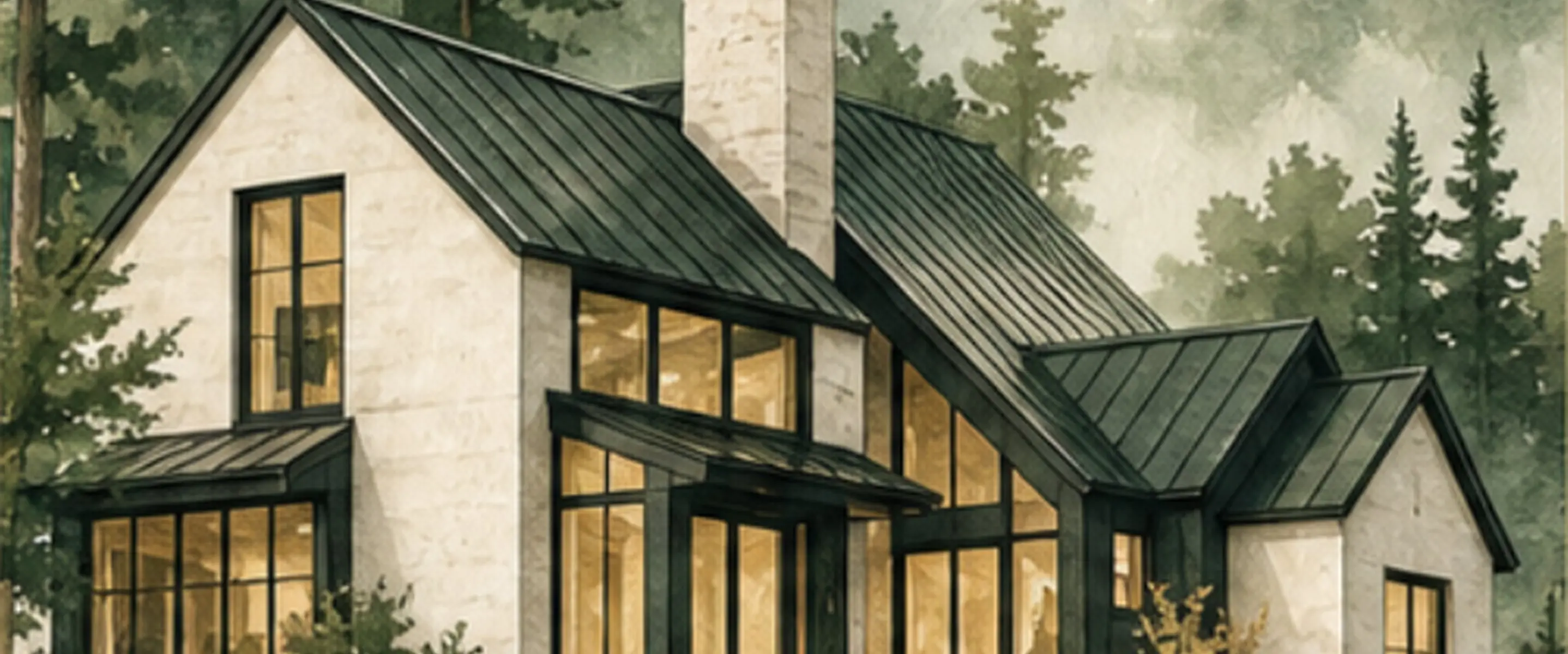 A watercolor of a stone house with a dark metal roof among pines, mountain ridges in mist behind it.