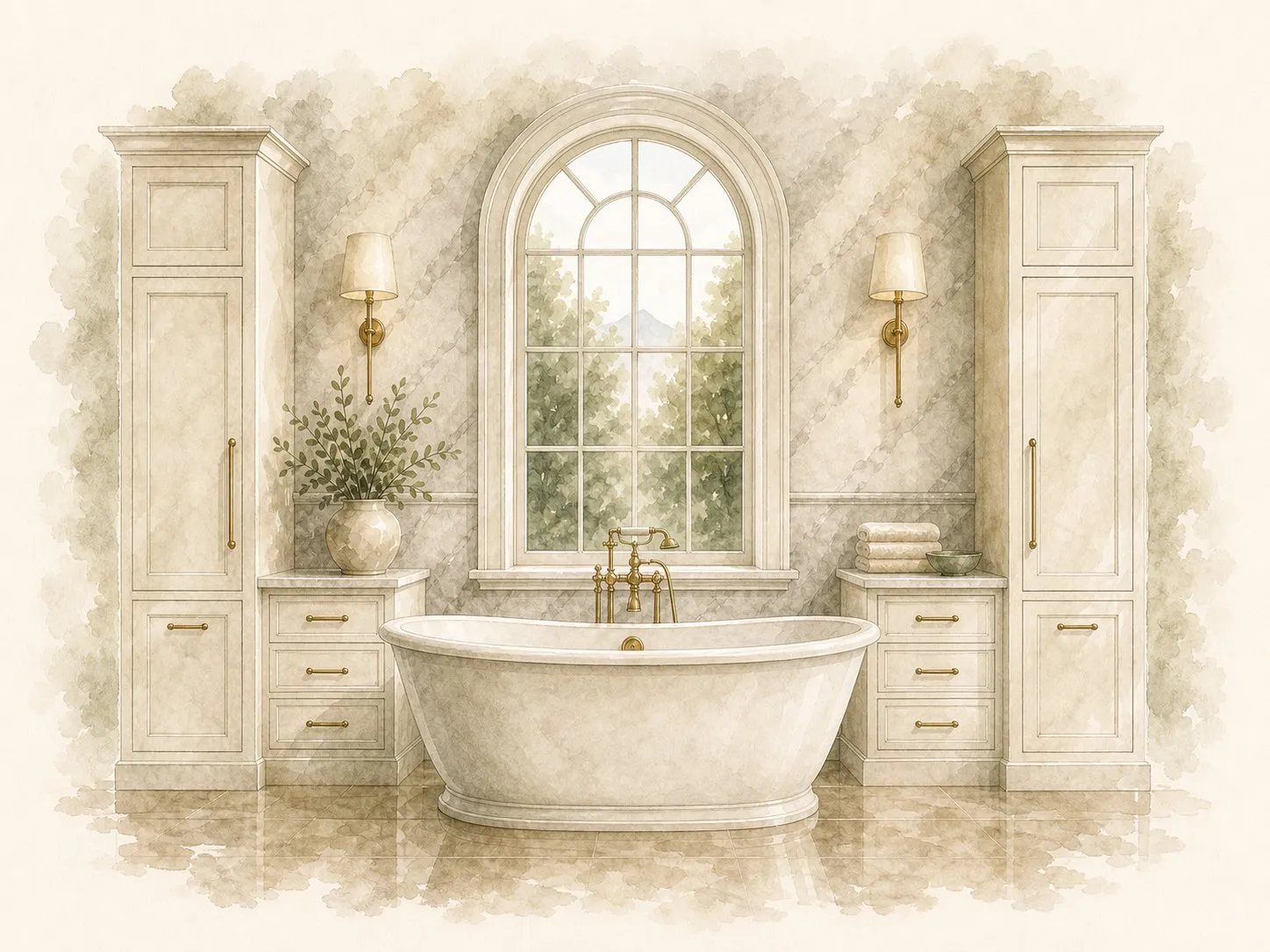 A watercolor of a bathroom: a freestanding tub under an arched window between two tall cabinets.