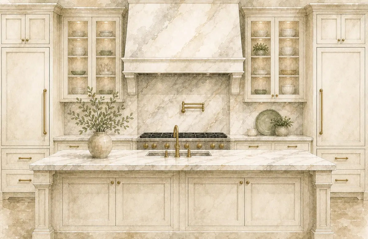 A watercolor of a kitchen: a marble island, a range under a stone hood and glass-front cabinets with brass pulls.