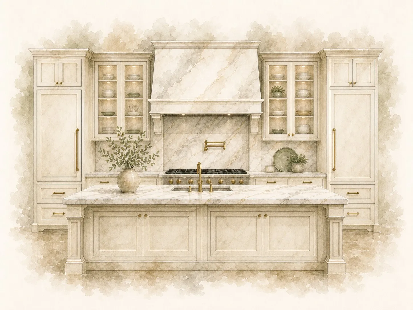A watercolor of a kitchen: cream cabinets, a marble island and a range hood, in pencil and soft gold.