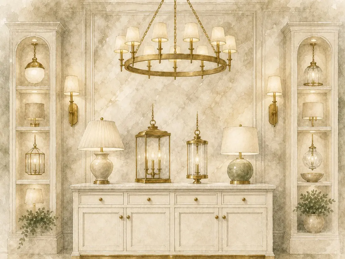 A watercolor of a lighting display: a brass chandelier over a cabinet of lamps and lanterns, with lit shelves on each side.